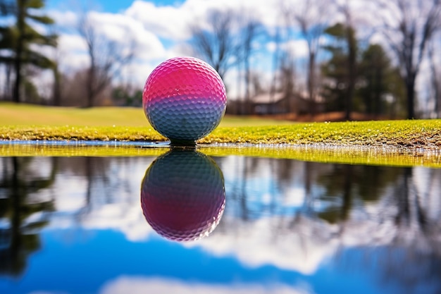 Foto bola de golfe em um dia de neve contrastando cores e estações