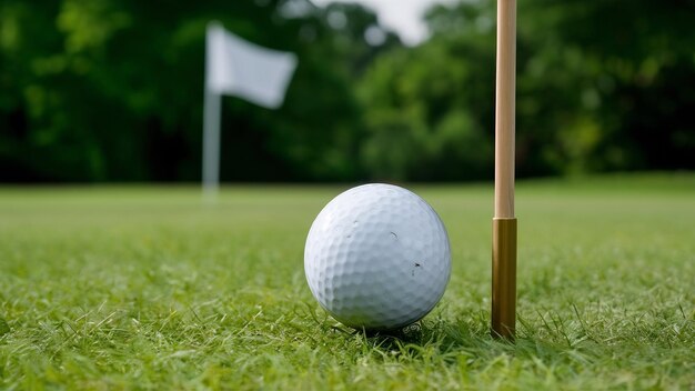 Bola de golfe em verde com bandeira de alfinete borrada e fundo de árvore verde