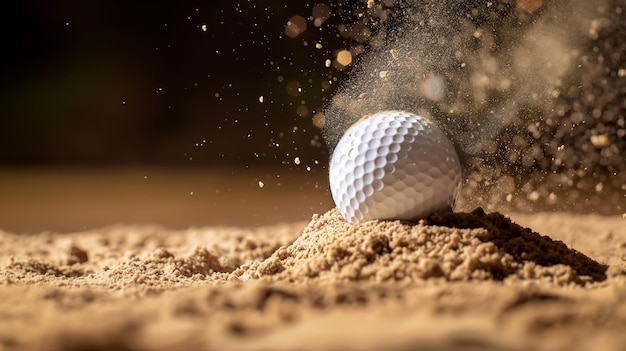 Bola de golfe impactando areia com uma explosão dinâmica de partículas