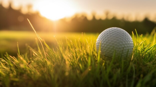 Foto bola de golfe na grama ao pôr do sol
