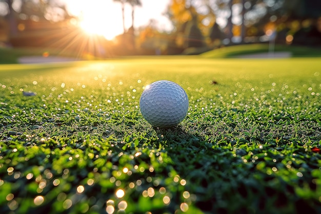 bola de golfe no gramado no campo de golfe em verão ao pôr do sol perto