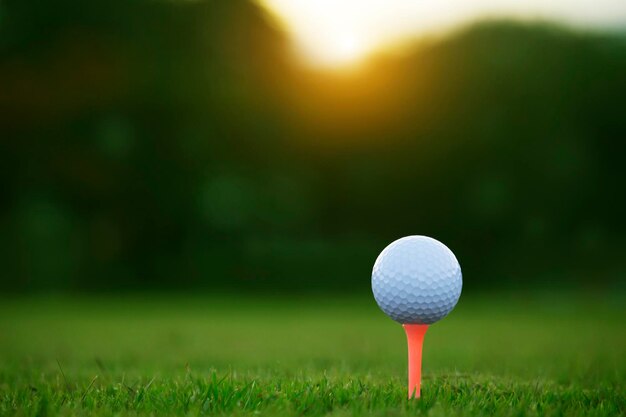 Bola de golfe no tee em um belo campo de golfe com sol da manhã