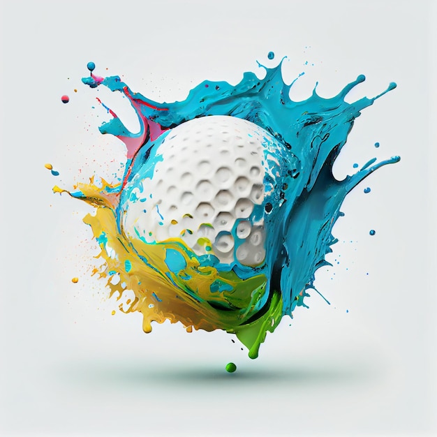 Bola de golfe ou bola de golfe com ilustração de renderização 3d de respingos de tinta abstrata