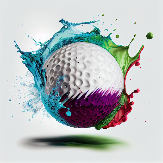 Bola de golfe ou bola de golfe com ilustração de renderização 3d de respingos de tinta abstrata