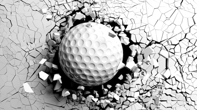 Foto bola de golfe quebrando à força através de uma ilustração 3d de parede branca