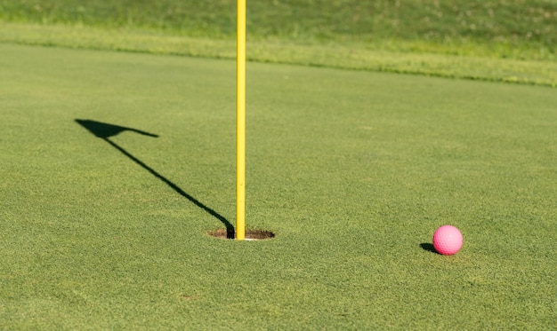 Bola de golfe rosa por bandeira e buraco no putting green