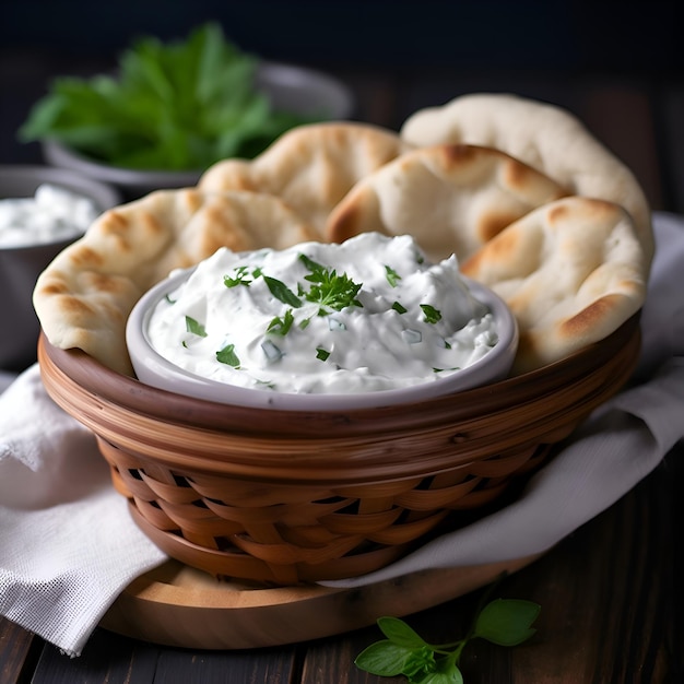 Bola de molho Tzatziki com salsa de salsa em fundo de madeira