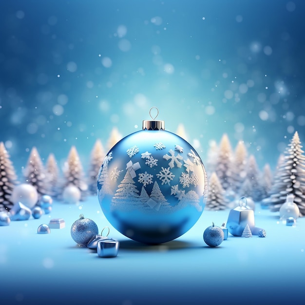 Bola de natal azul com flocos de neve em fundo azul bokeh renderização em 3D