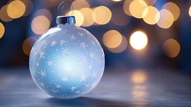 Bola de Natal azul em fundo de madeira com luzes bokeh