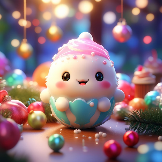 bola de Natal bonita com um boneco de neve em fundo bokeh rosa ilustração 3D bola de natal bonita