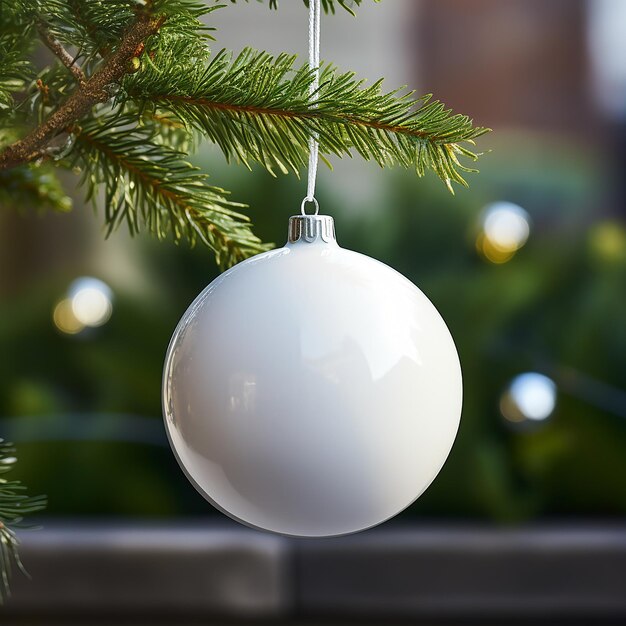 Bola de Natal branca pendurada na árvore de Natal com fundo bokeh