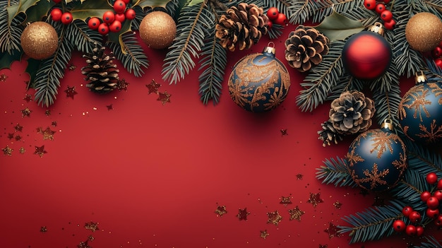 Bola de Natal de bauble cone de pinheiro arte de linha de galinha moderna ilustração em fundo verde e vermelho Imagem para papel de parede de cartaz de impressão de capa ou arte de capa