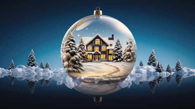 Bola de Natal de vidro com uma casa na neve cercada por abetos