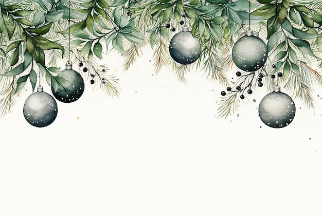 bola de natal em aquarela vintage e moldura de folhas em fundo branco