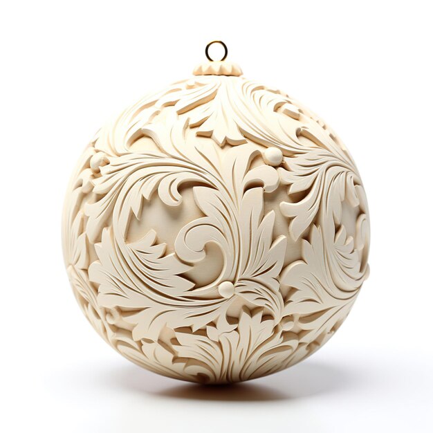 bola de natal esculpida em madeira branca sobre fundo branco