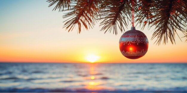 Foto bola de natal pendurada em um galho de palmeira ai gerado