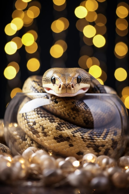 Bola de Natal Python em torno do registro de yule com fundo de luzes de fada com espaço vazio para texto