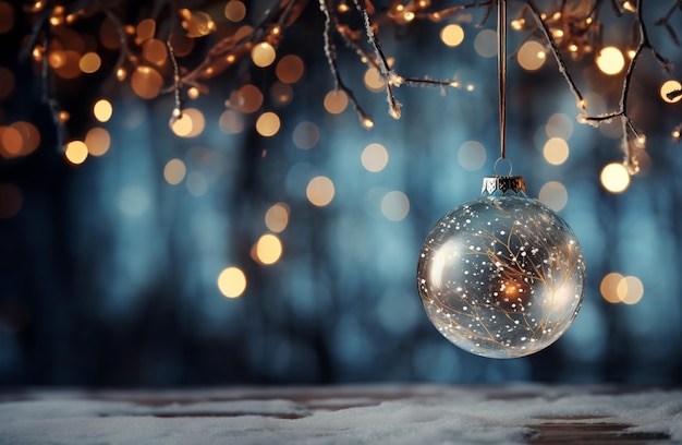 bola de Natal transparente com guirlandas e bokeh em um fundo de inverno