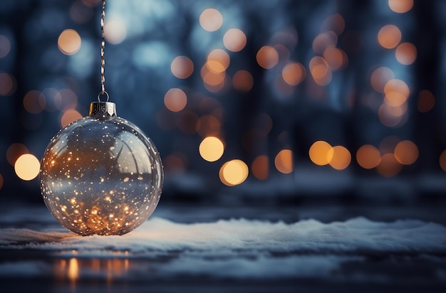 bola de Natal transparente com guirlandas e bokeh em um fundo de inverno