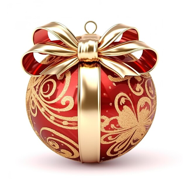 Bola de Natal vermelha com fita e padrão dourado isolado em fundo branco
