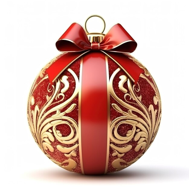Bola de Natal vermelha com fita e padrão dourado isolado em fundo branco