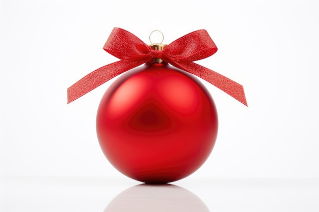 Bola de Natal vermelha com fita vermelha isolada no fundo branco