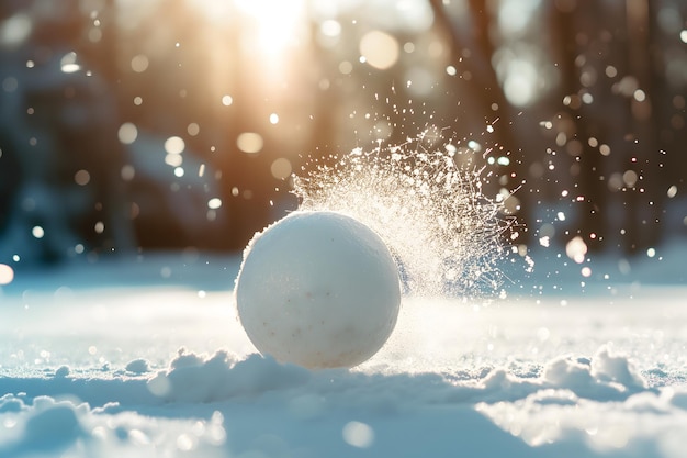 Foto bola de neve em terreno coberto de neve em um dia ensolarado de inverno para o conceito de efeito de bola de neve