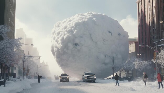 Foto bola de neve gigante rolando através de uma cidade em 8k filmado