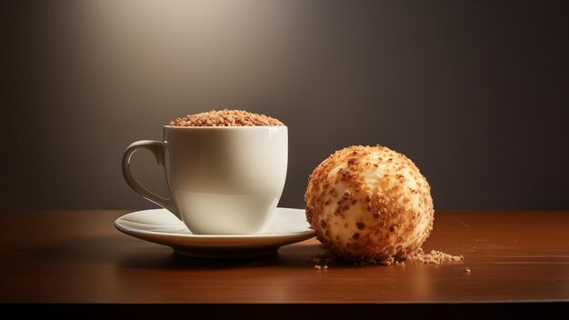 Bola de pão de queijo brasileiro e copo com cappuccino na mesa