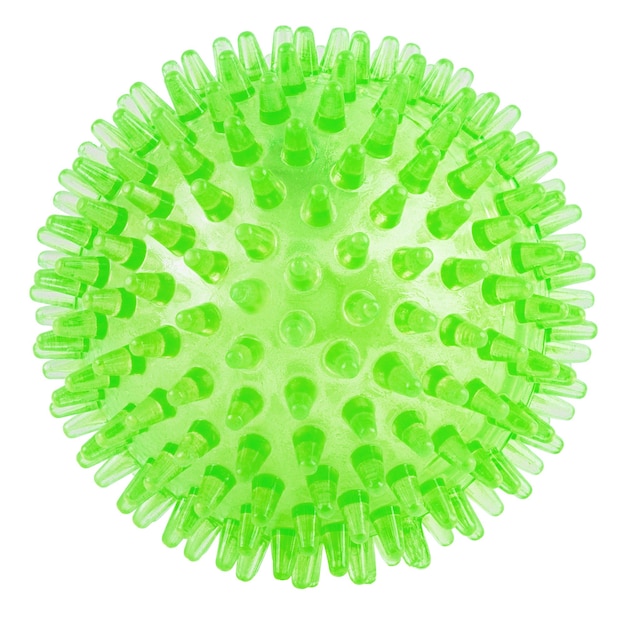 Bola de plástico verde transparente isolada em brinquedo de cachorro massageador de fundo branco e símbolo COVID19