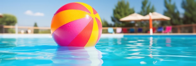 Bola de praia colorida na água da piscina inflável brinquedo de férias de verão closeup