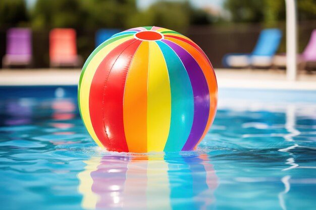 Bola de praia colorida na água da piscina inflável brinquedo de férias de verão fechado