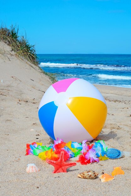 Bola de praia com estrela do mar e colar à beira-mar