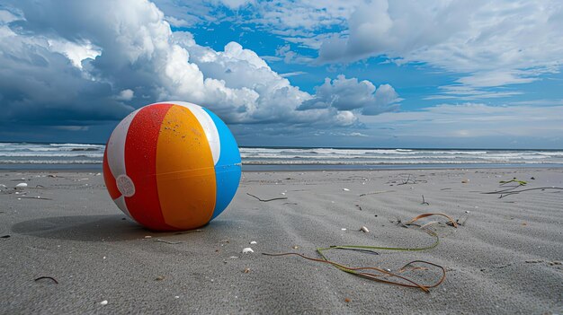 Foto bola de praia solitária na areia com o oceano ao fundo o céu está nublado e as ondas estão a bater na costa