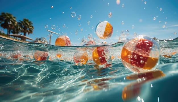 Bola de praia vibrante de verão quicando na água da piscina durante a festa IA generativa