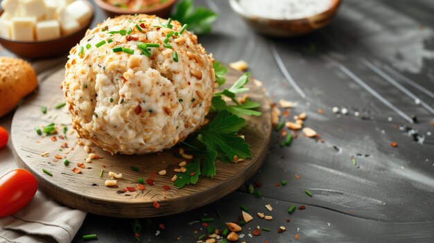 Bola de queijo revestida de nozes e ervas em uma tábua