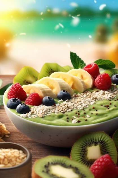 Bola de smoothie com bagas frescas e frutas com sementes menu pequeno-almoço saudável um prato vegetariano