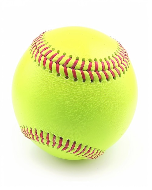 Foto bola de softbol isolada em fundo branco de neon fluorescente amarela para equipamentos desportivos e