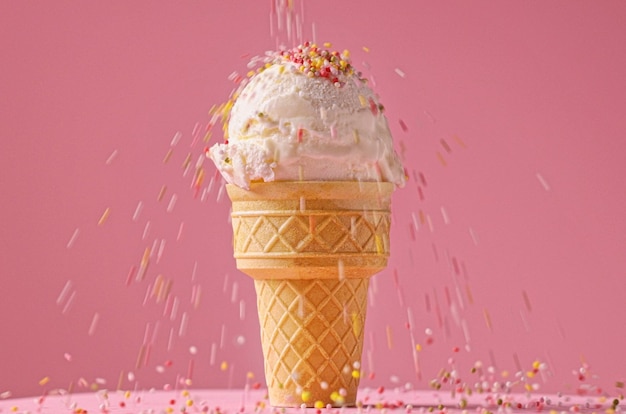 Foto bola de sorvete de baunilha com salpicaduras de açúcar caindo