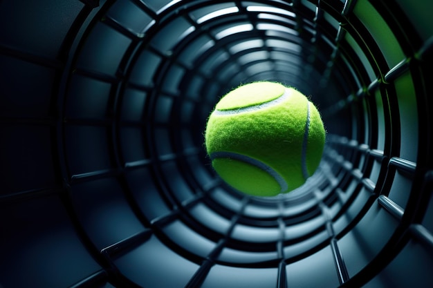 Bola de tênis dentro de uma grade cilíndrica com iluminação azul