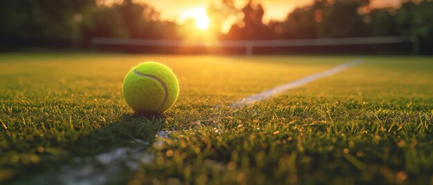 Bola de ténis na linha de campo de grama brilho do pôr-do-sol tranquilo e prístino