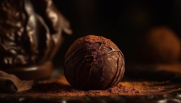 Bola de trufas de chocolate amargo, uma indulgência gourmet em madeira rústica gerada por inteligência artificial