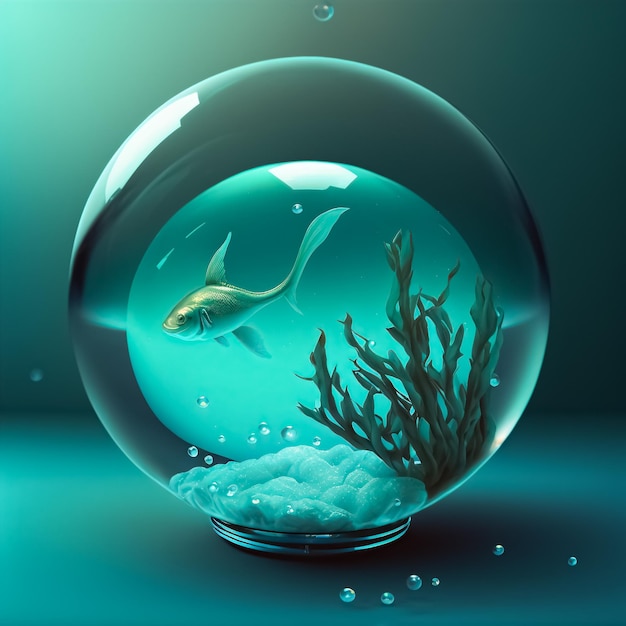 Bola de vidro azul-petróleo, turquesa com mundo marinho dentro