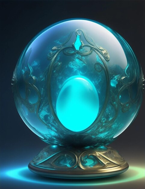 Foto bola de vidro cercada por ilustração de metal líquido ciano
