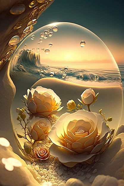 Bola de vidro cheia de flores sentada em cima de uma praia de areia generativa ai