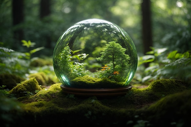 Bola de vidro com árvores verdes dentro da floresta Conceito de conservação ambiental generativo ai