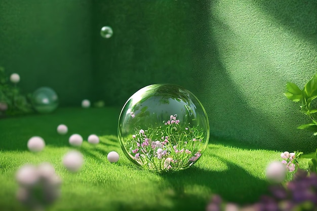 Bola de vidro em um fundo verde ensolarado Salve o meio ambiente salve um conceito de ecologia de planeta limpo 3D renderização ilustração raster