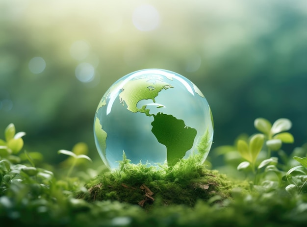 Bola de vidro na forma do planeta Terra sobre um fundo de grama e outras plantas Foto de alta qualidade