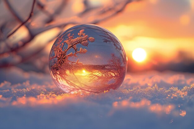 Bola de vidro na neve com um belo pôr-do-sol ao fundo