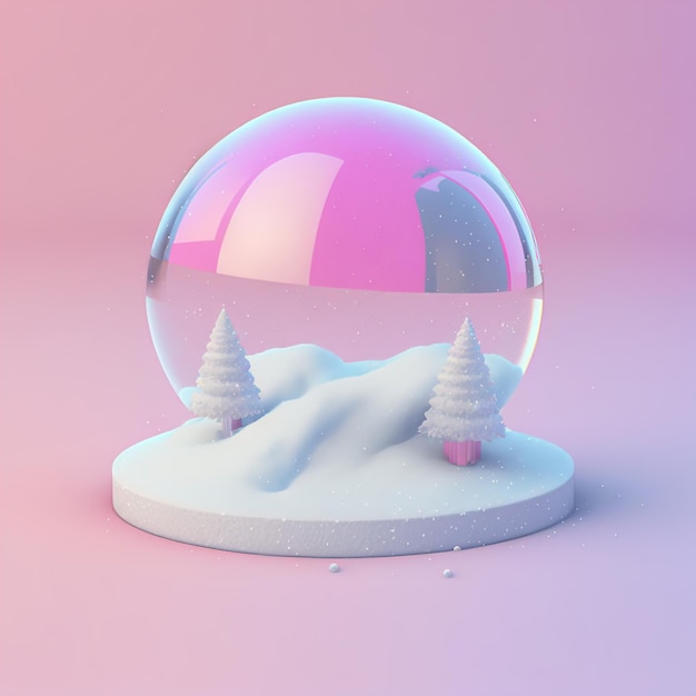 Bola de vidro na neve isolada em ilustração 3D de cores pastel de fundo rosa